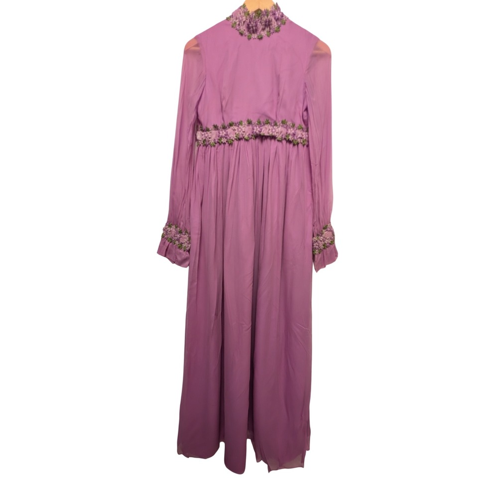 Vintage 70s Chiffon Maxi Dress Floral Crochet Trim Regencycore Prairie Fairycore